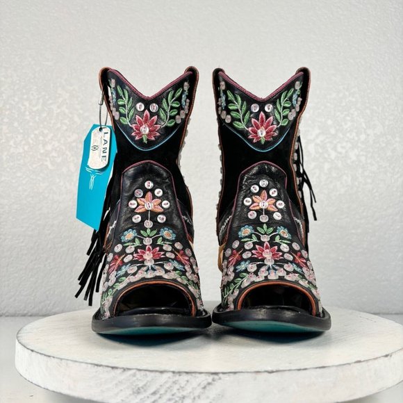 NEW Lane Cactus Button Black Cowboy Bootie 6 Fringe Suede Western Ankle Boots - Picture 5 of 9